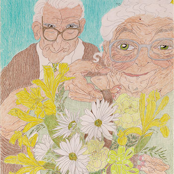 a colored drawing of a smiling elderly couple